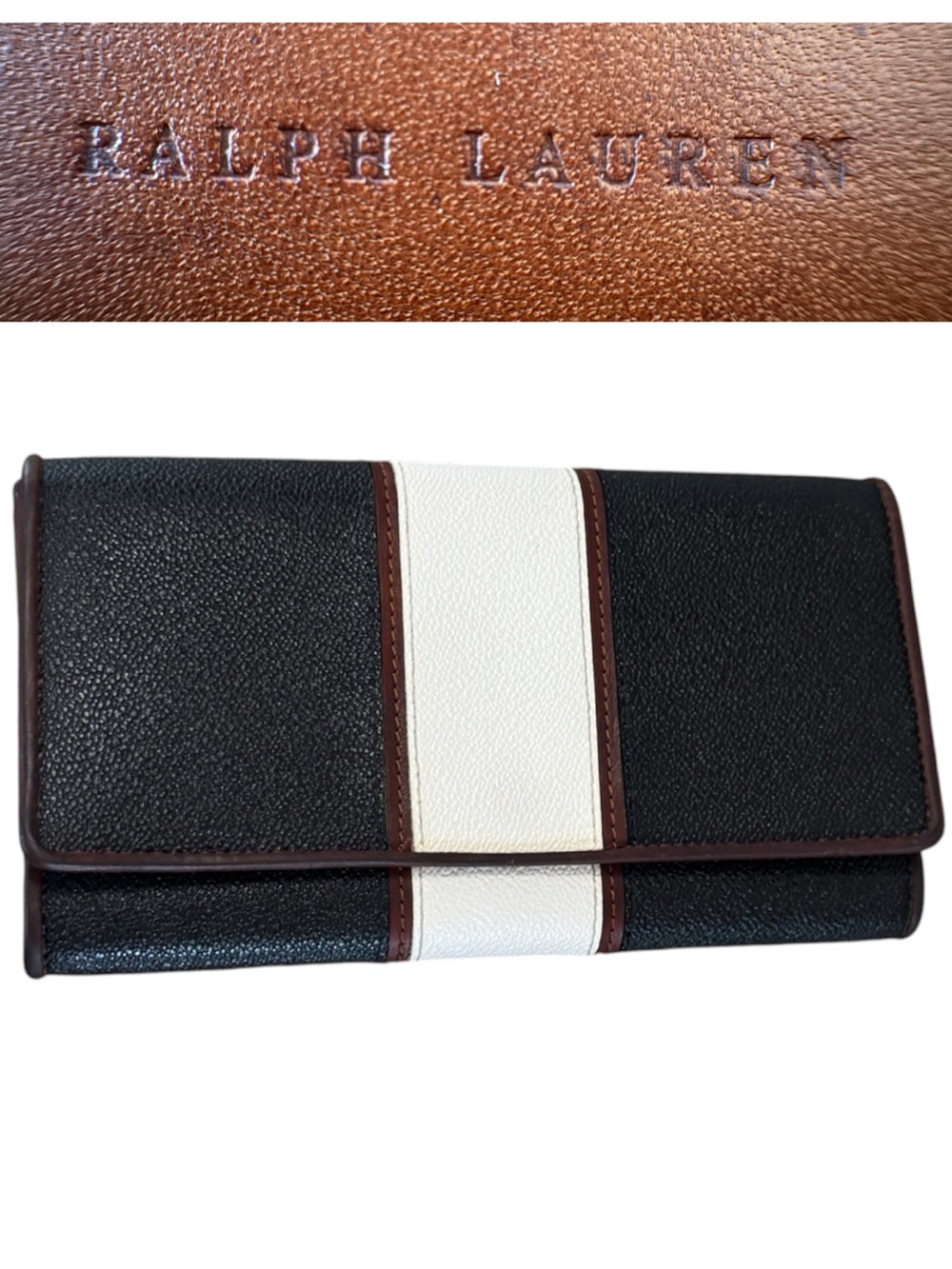 Ralph Lauren Purple Label Collection Navy Blue White Leather Flap Long Wallet